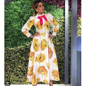 NWOT Beulah Style Maxi Long Sleeve Floral Ribbon Necktie Lined Dress M (No Belt)